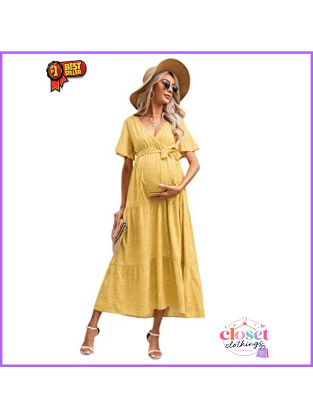 Maternity Maxi Dress V-Neck Puff Sleeve Pleated Baby Shower